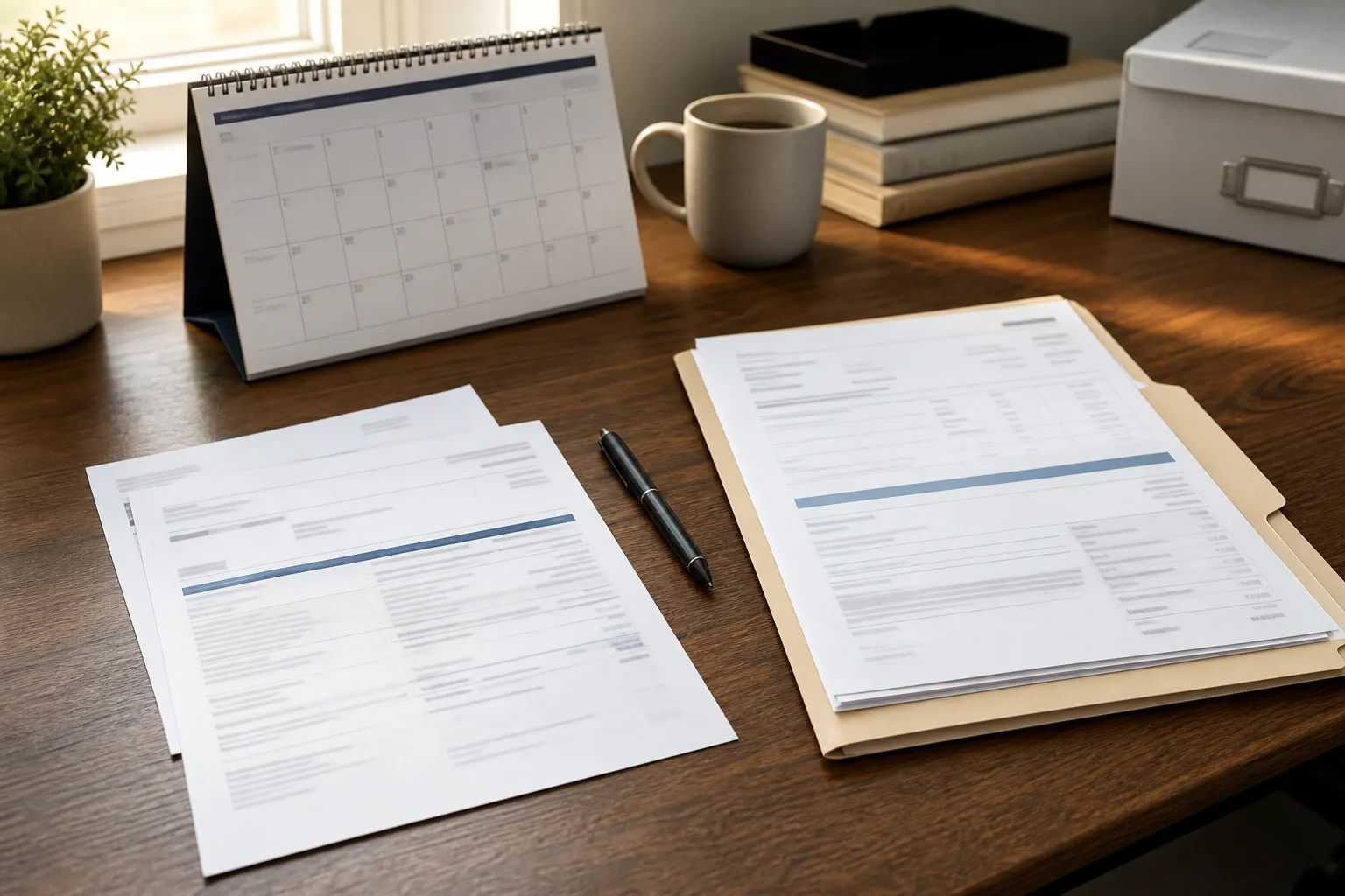Desk with a calendar, pen, and claim paperwork representing workers' comp deadlines
