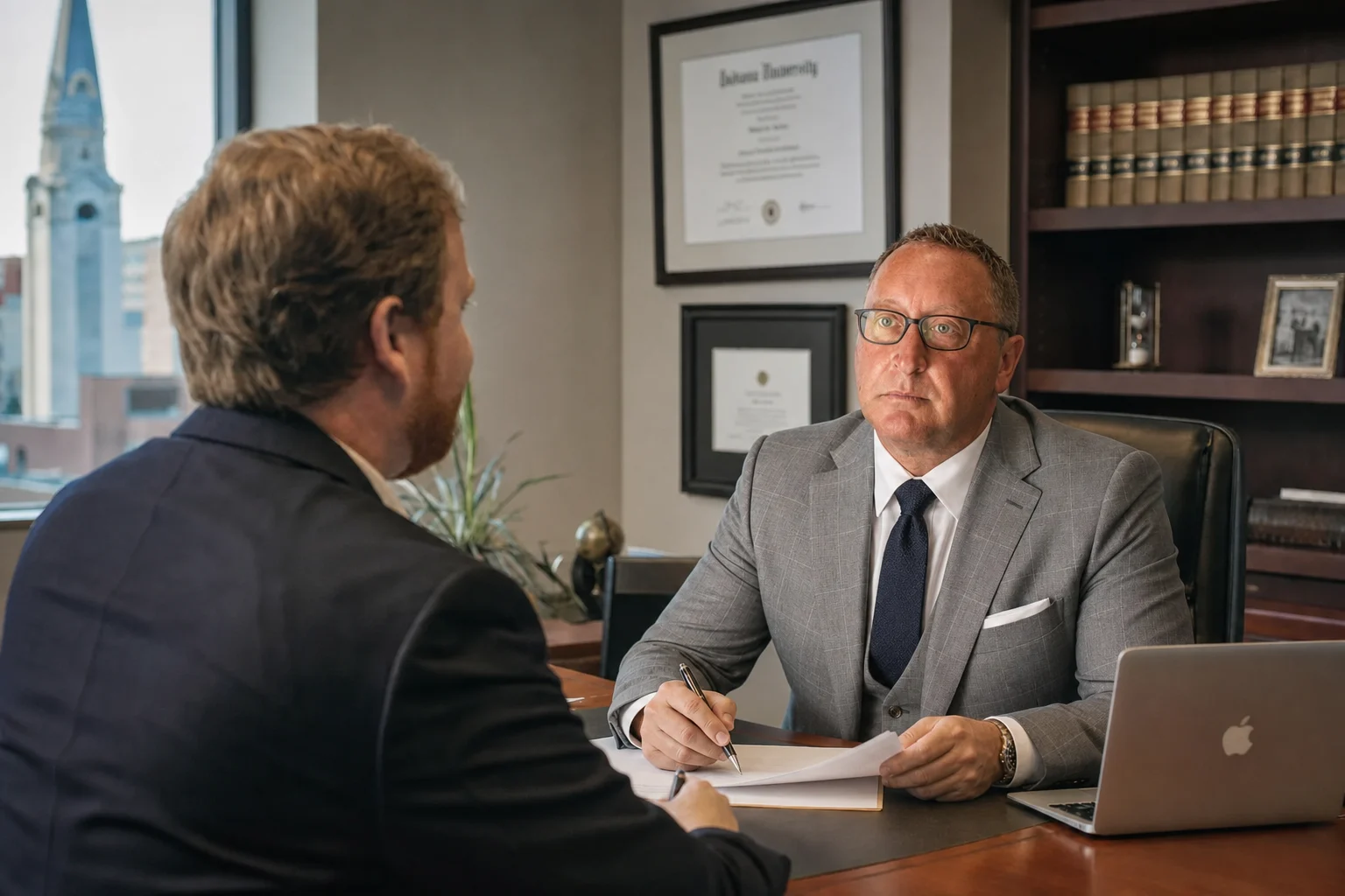 Fort Wayne workers' compensation attorney reviewing documents with a client