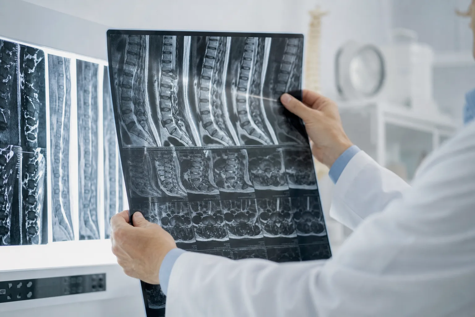 A physician reviewing a spinal MRI film on a light box