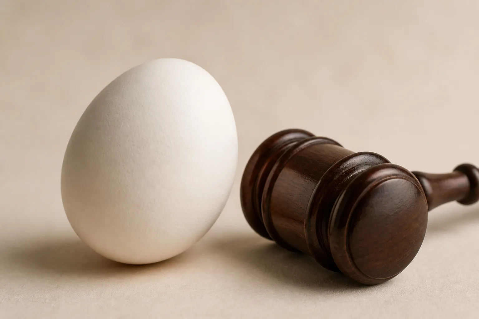 An intact eggshell beside a small gavel symbolizing the eggshell plaintiff rule