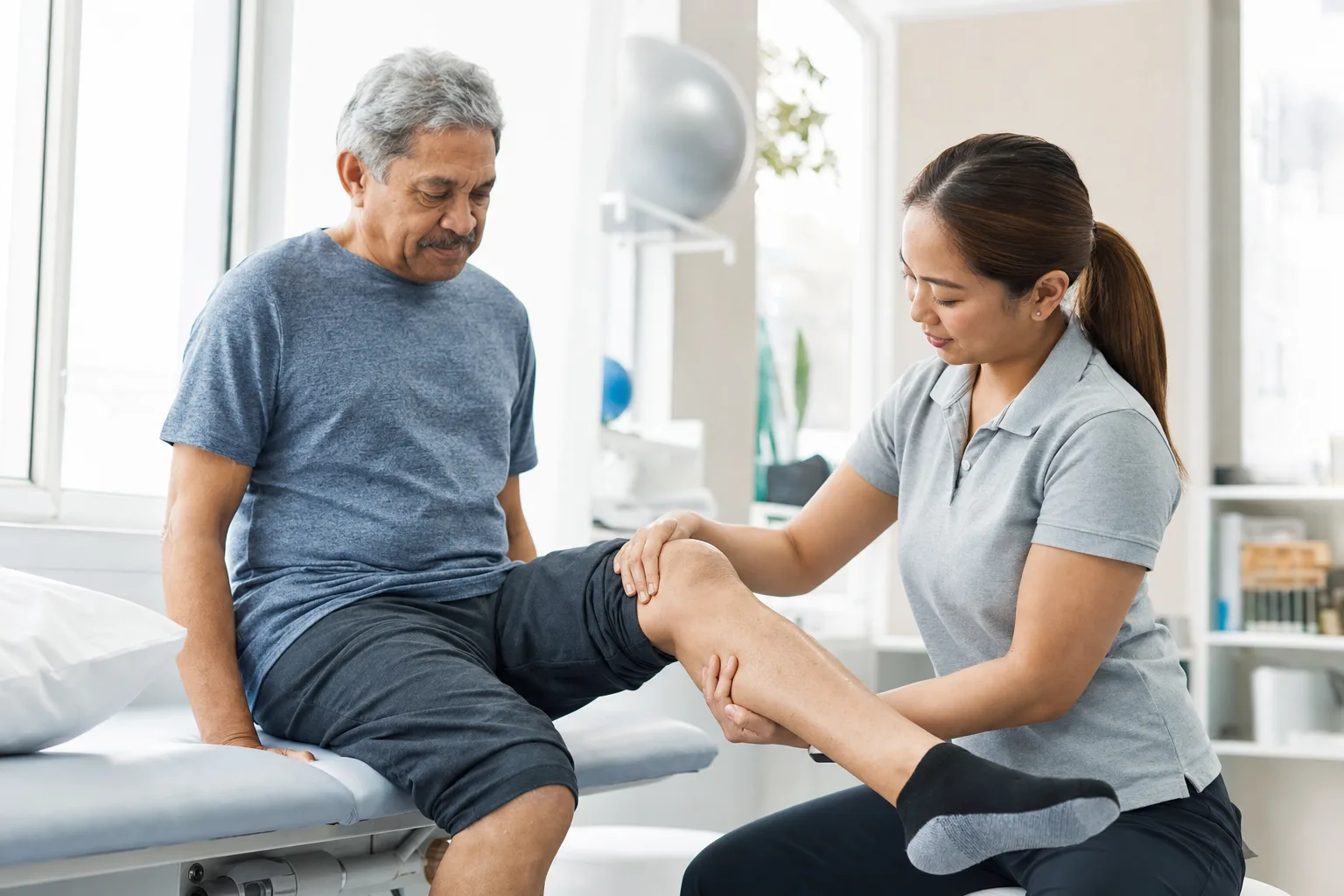 An older adult doing guided knee physical therapy in a rehabilitation clinic