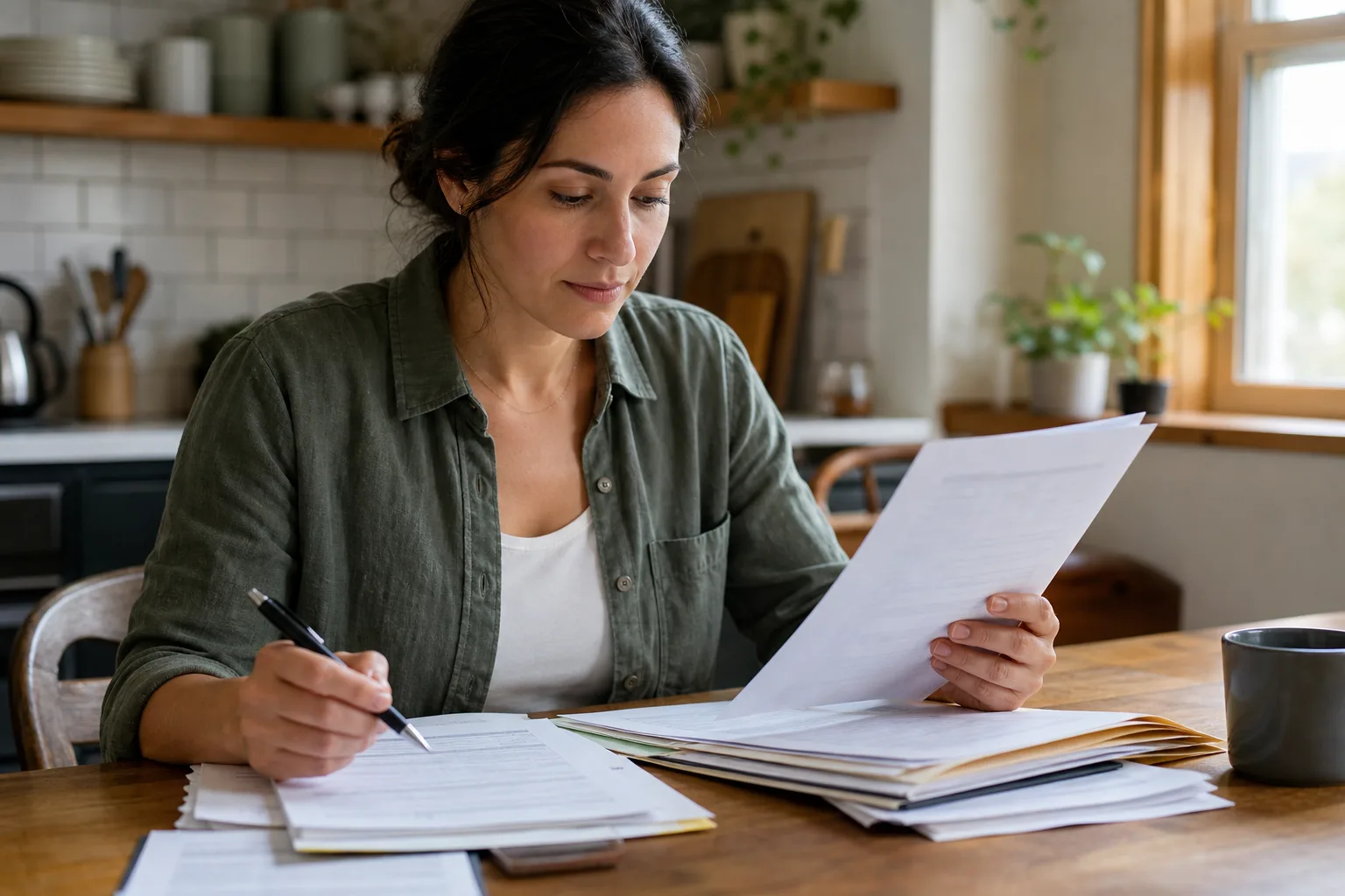 A person reviewing medical records and insurance paperwork at a kitchen table