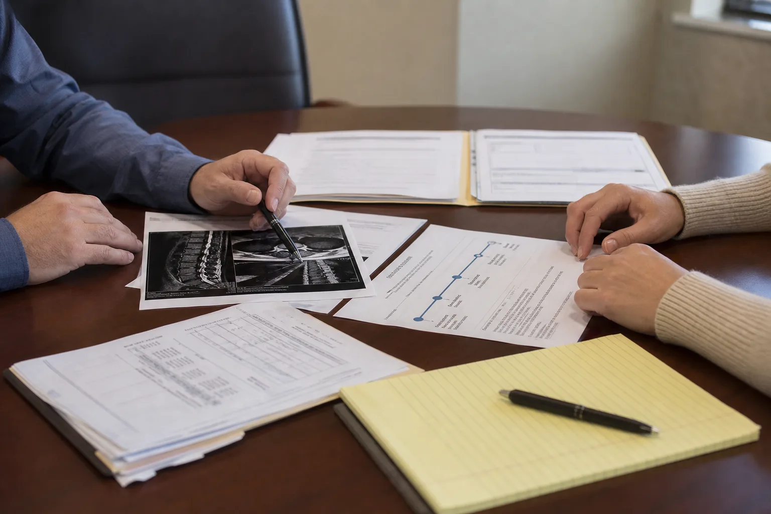 An attorney meeting with a client for a consultation in a law office