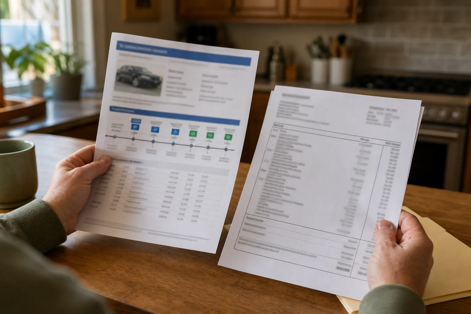 Hands reviewing a vehicle-history report and repair invoice at a kitchen table