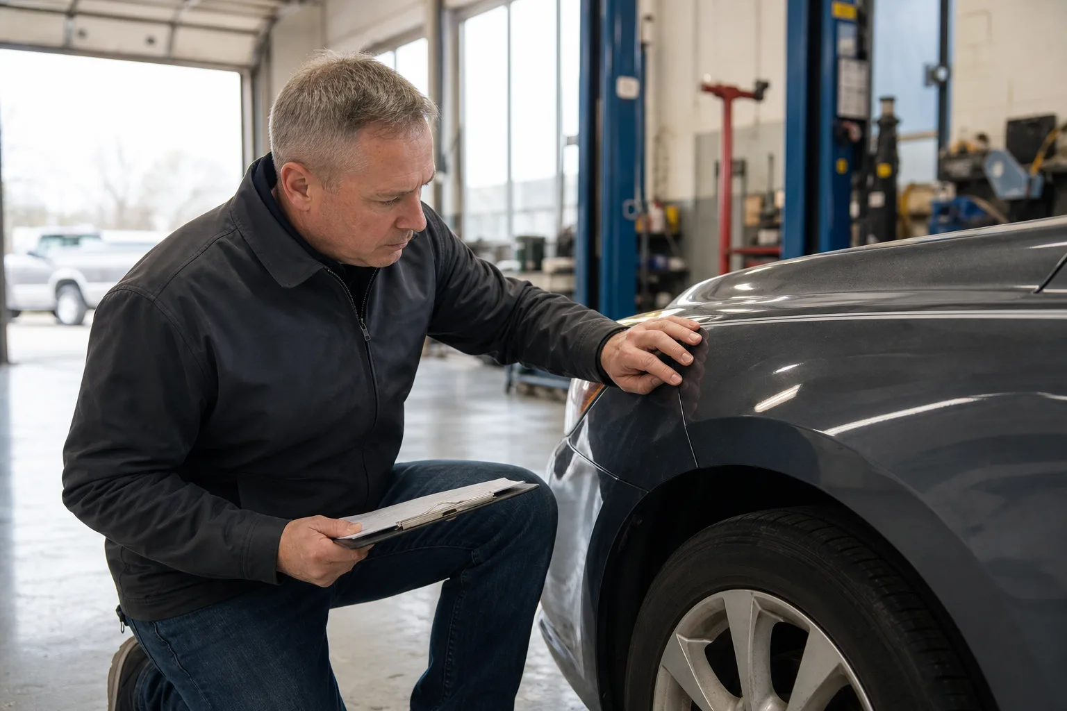 Independent appraiser inspecting a repaired car's body panel in a Fort Wayne shop