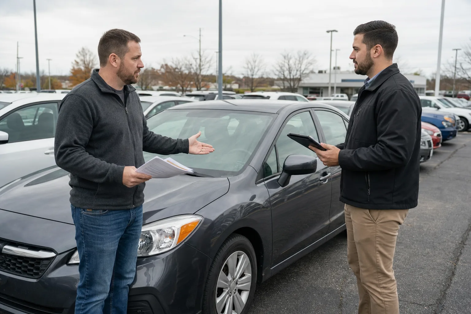 Buyer and salesperson discussing a trade-in value beside a used car on a dealership lot