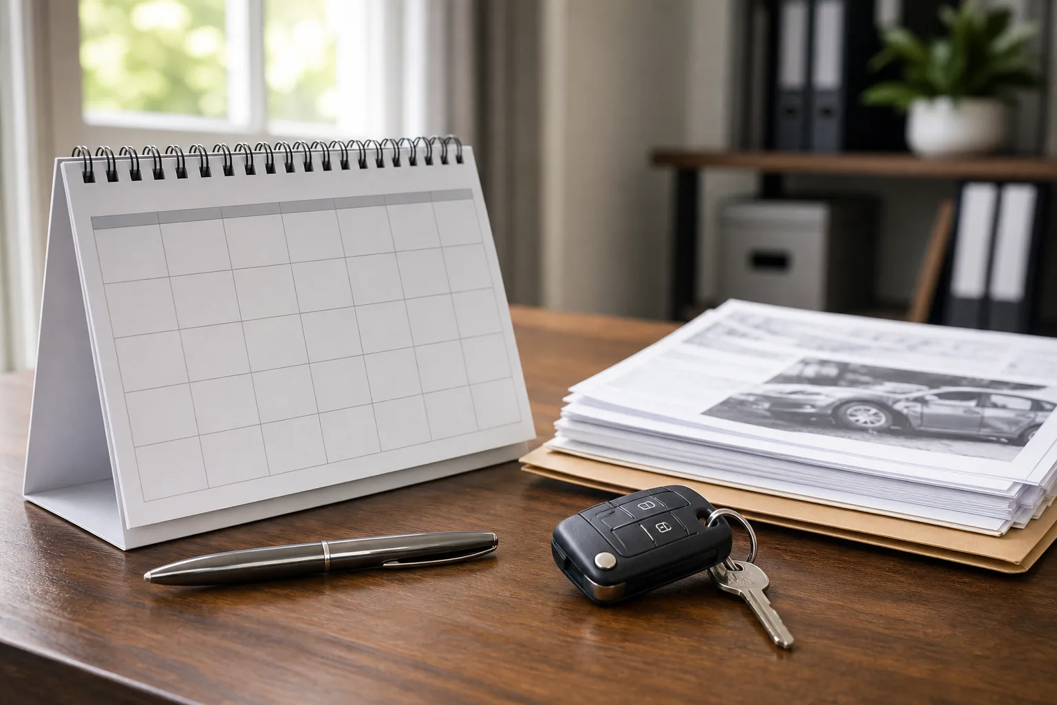 Calendar, car keys, and accident paperwork on a desk representing a claim deadline