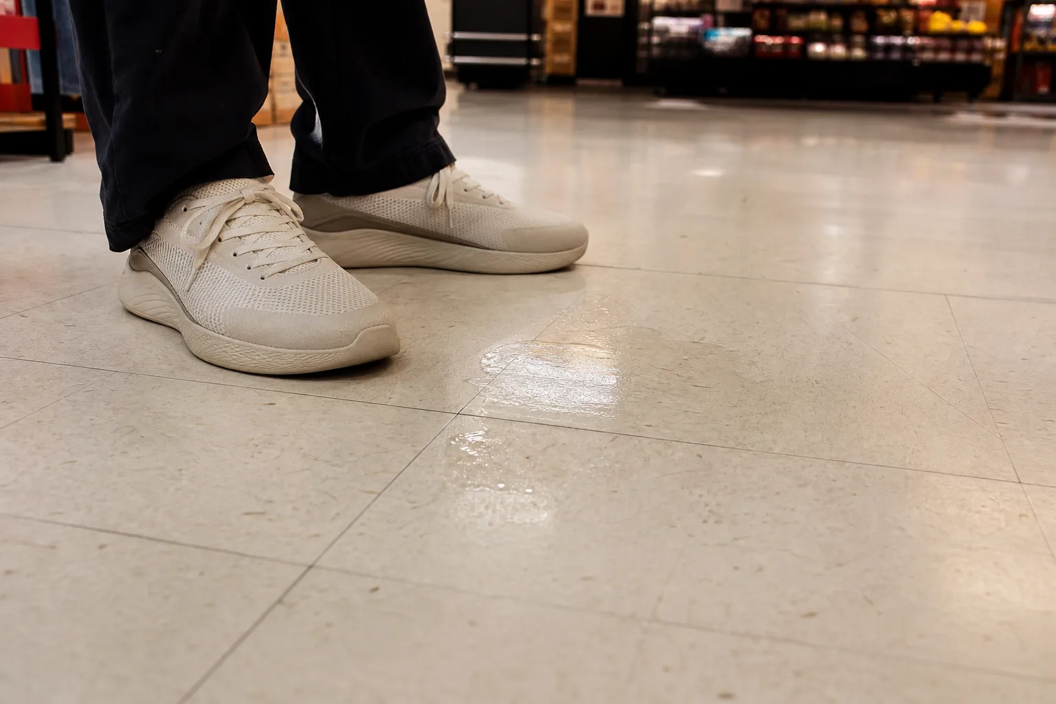 A shopper's sneakers stopped beside a barely visible wet patch on light store tile