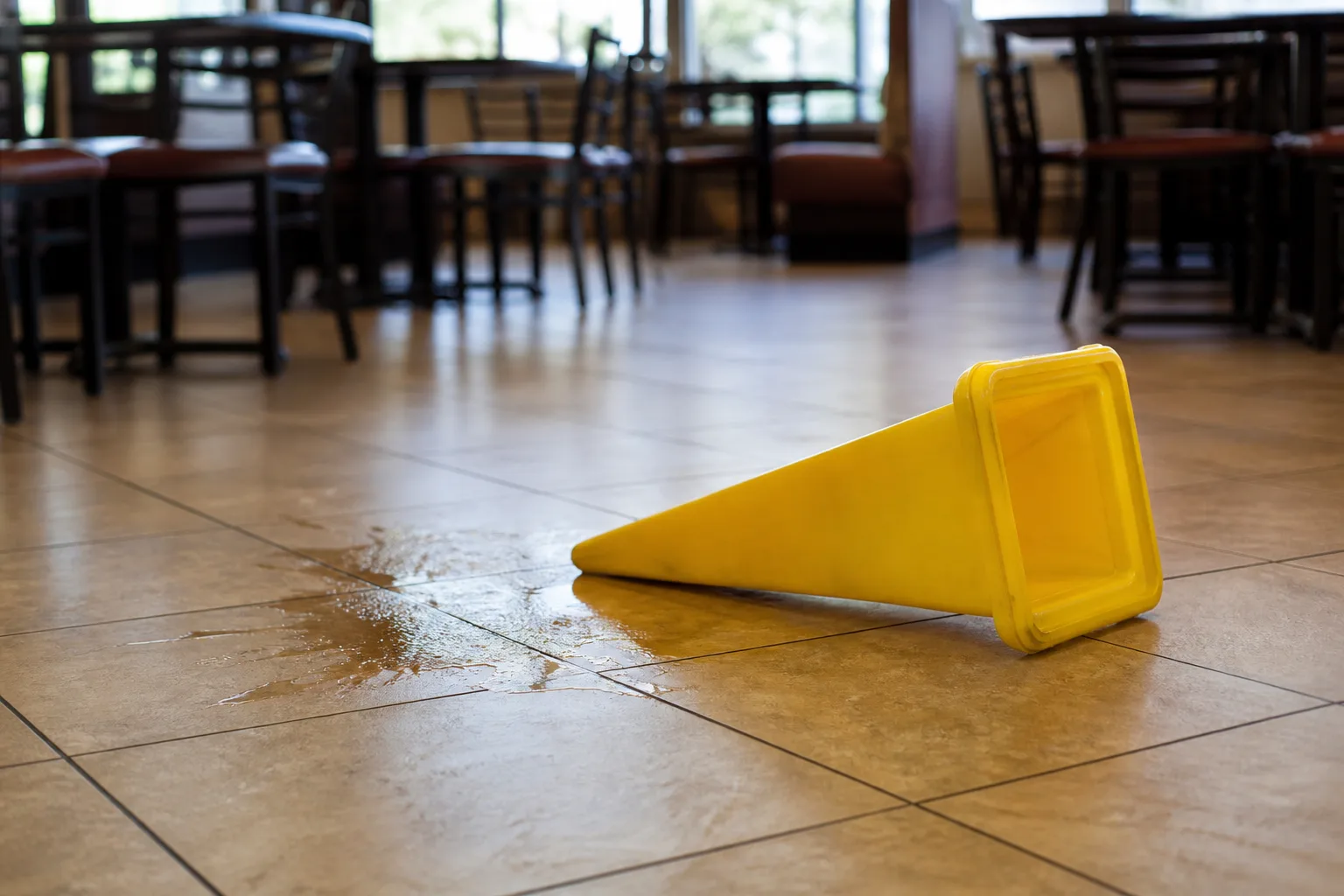 A yellow caution cone tipped over on its side near a spill on a restaurant floor