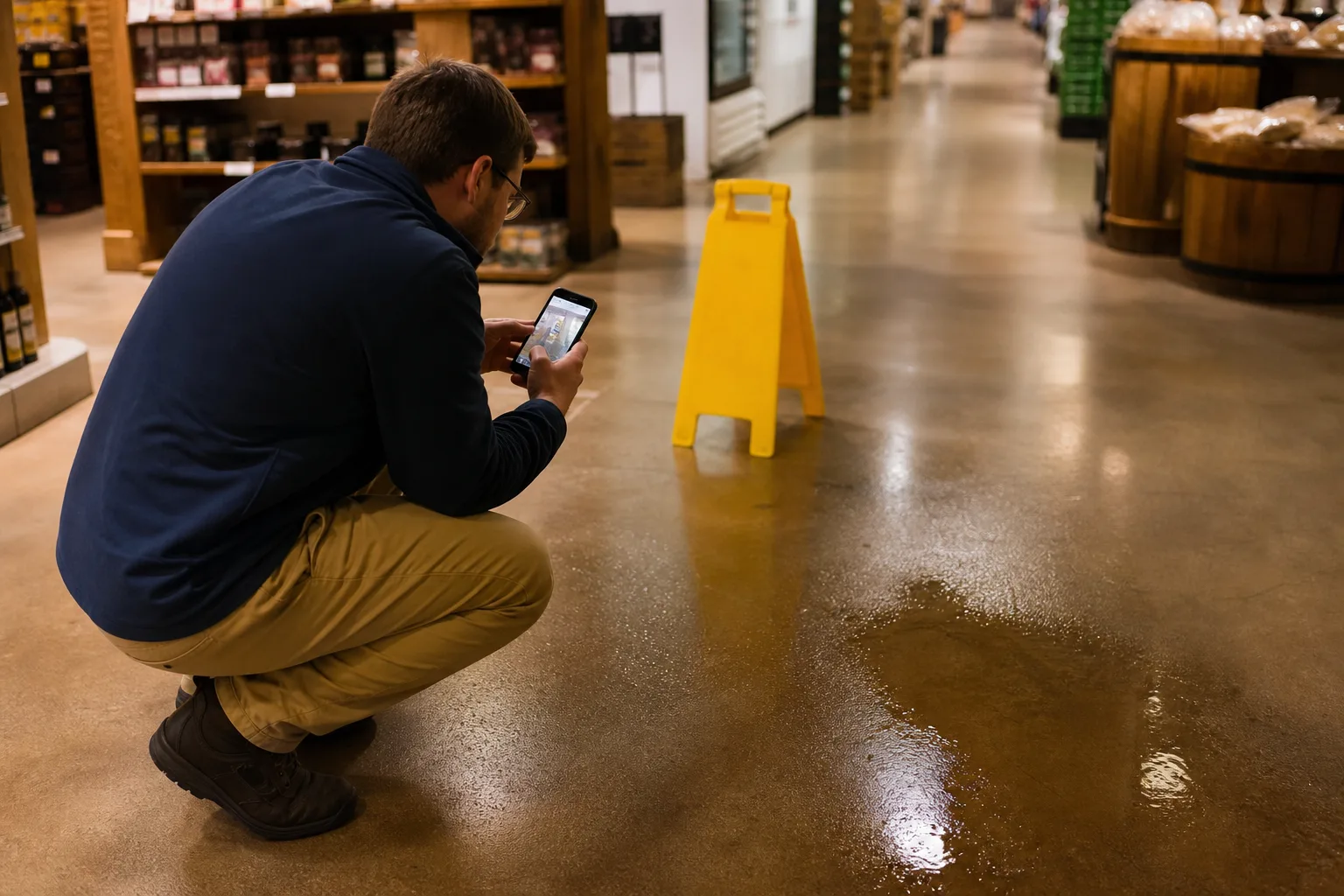 A person photographing a wet floor and caution sign with a smartphone to document evidence
