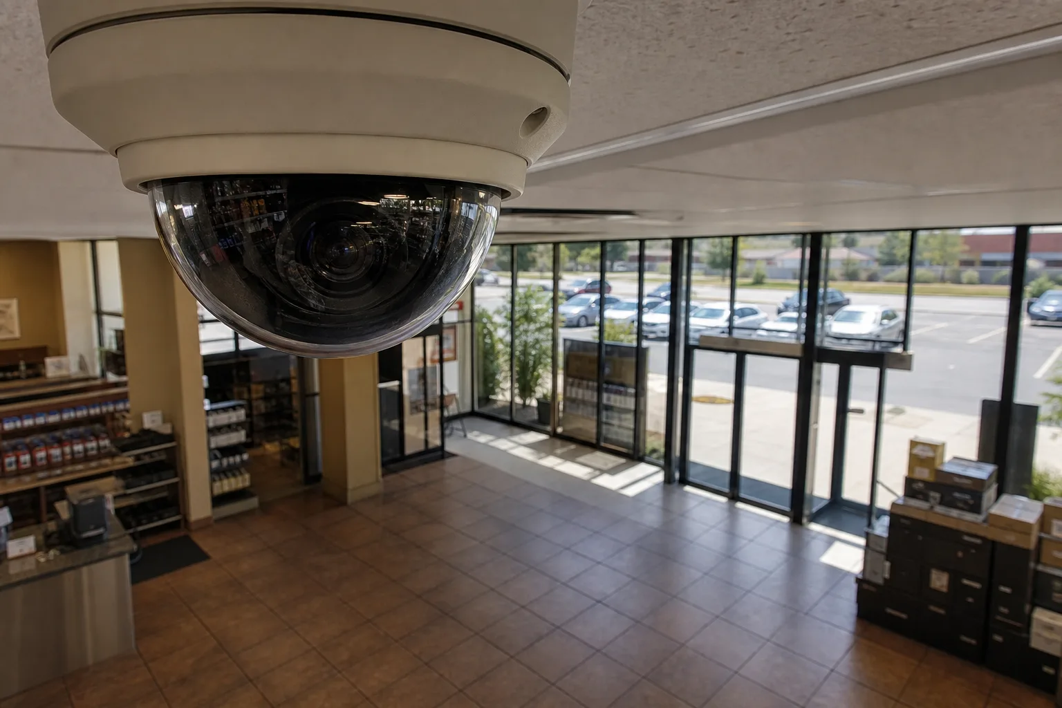 A dome surveillance camera mounted over the tile floor near an Indiana store entrance