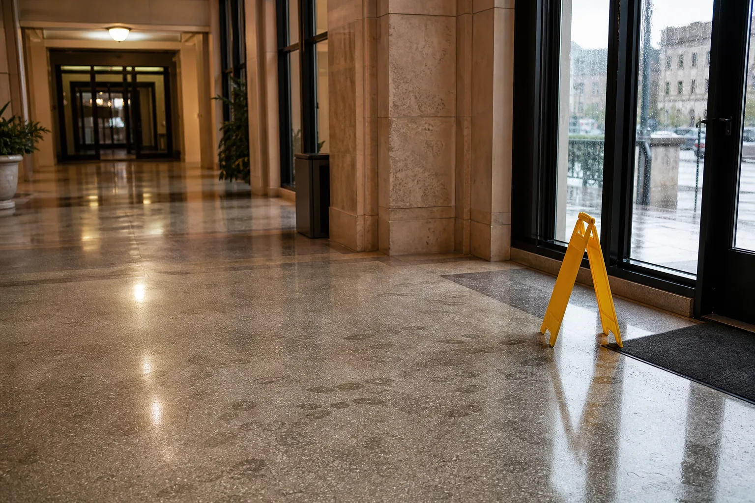Caution sign near a damp entryway on the terrazzo floor of an Allen County public building