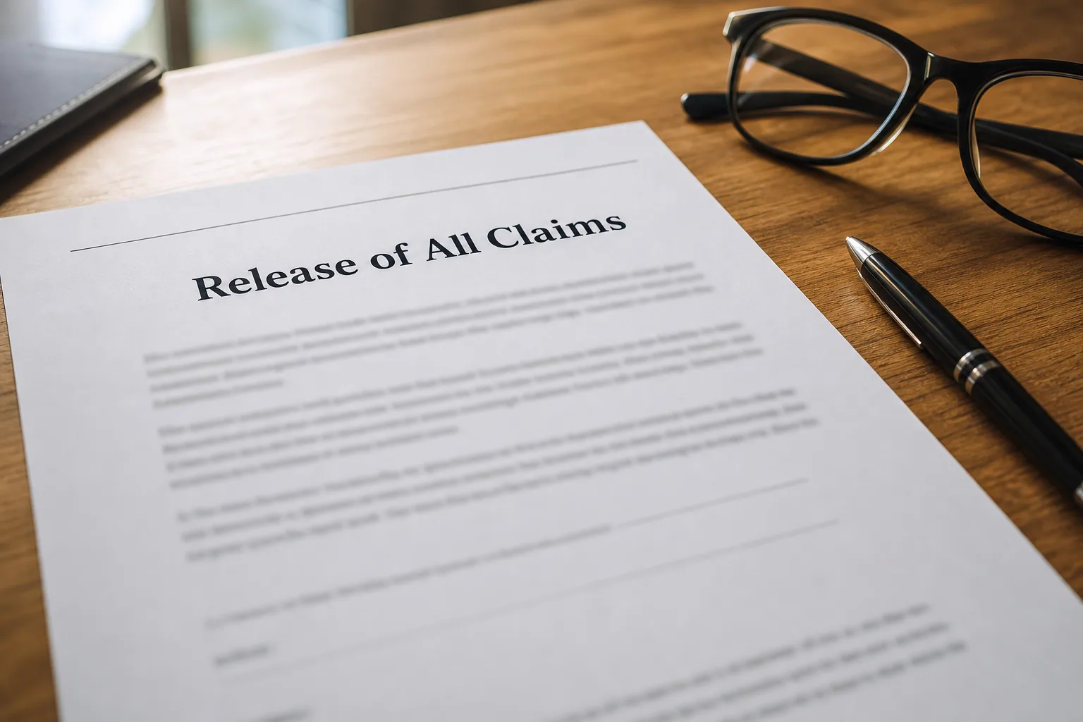 A printed release of all claims settlement form resting on a desk with a pen