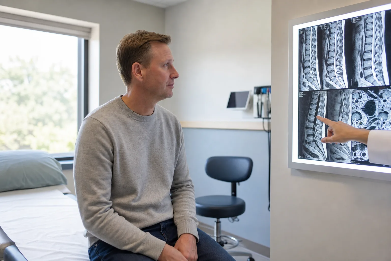 Patient reviewing spine imaging in an Indiana medical clinic while evaluating delayed injuries