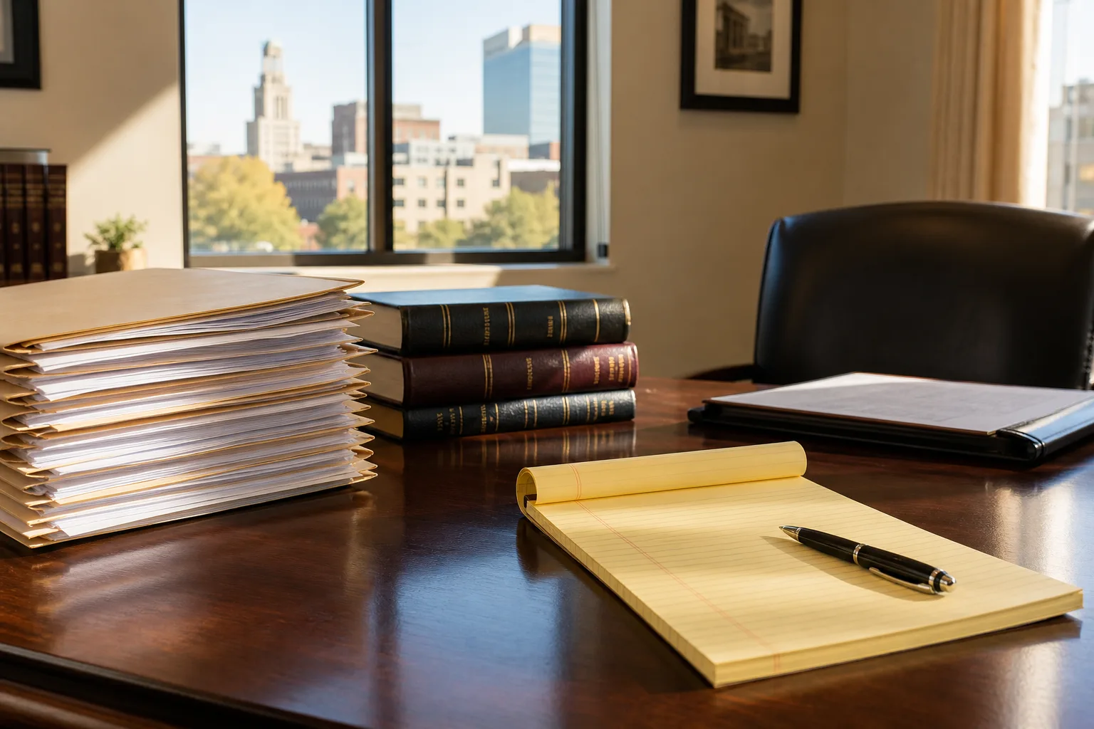 An organized Indiana law office desk with case files and a legal pad