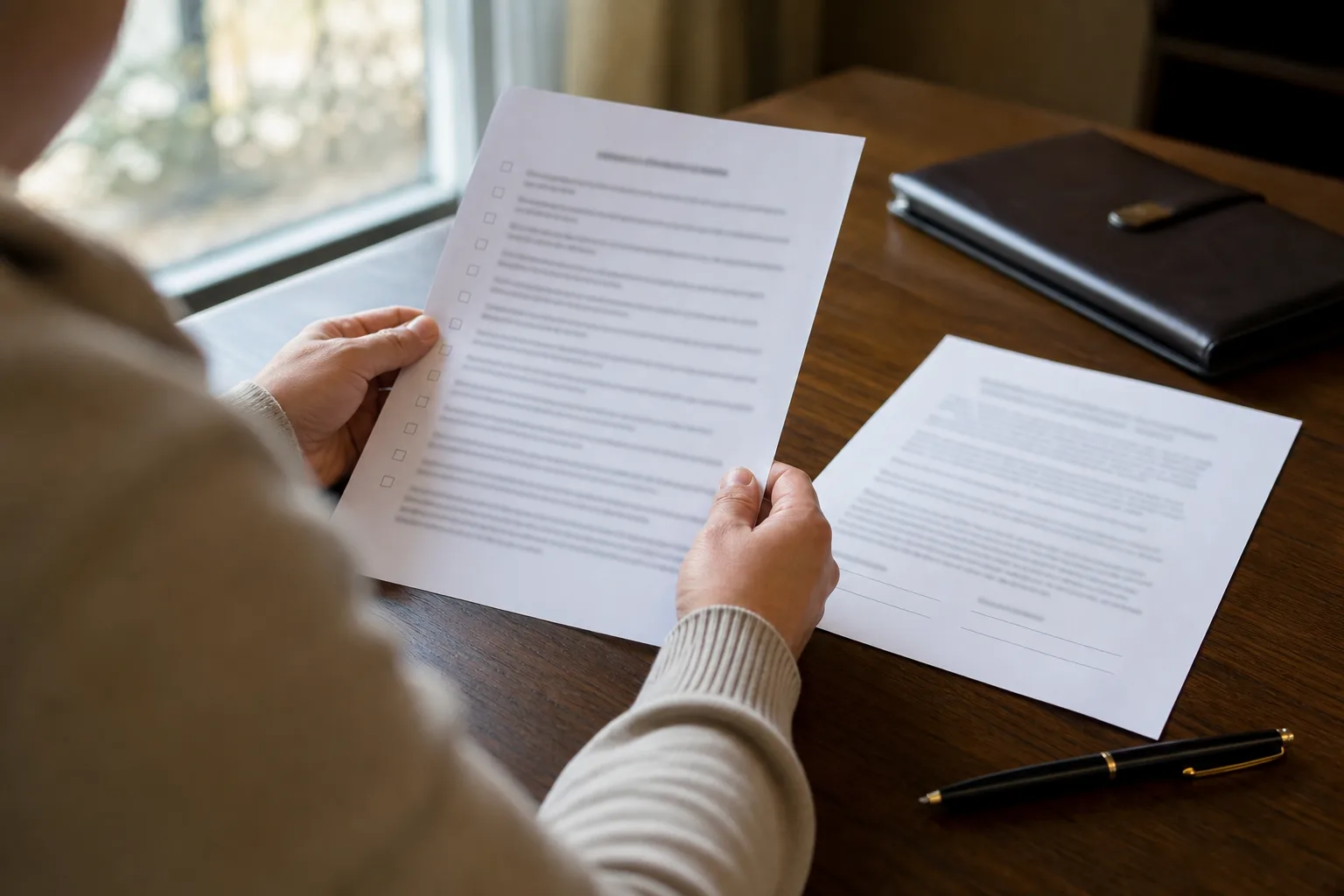Hands holding a checklist next to a settlement document before signing