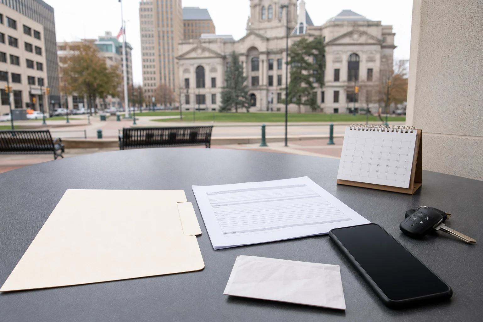 Crash and medical records organized near the Allen County Courthouse in downtown Fort Wayne