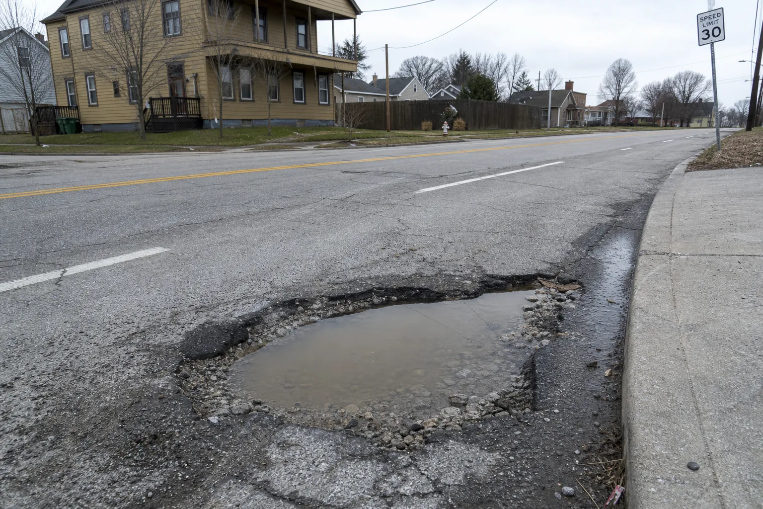 A large water-filled pothole in a deteriorating Indiana city street