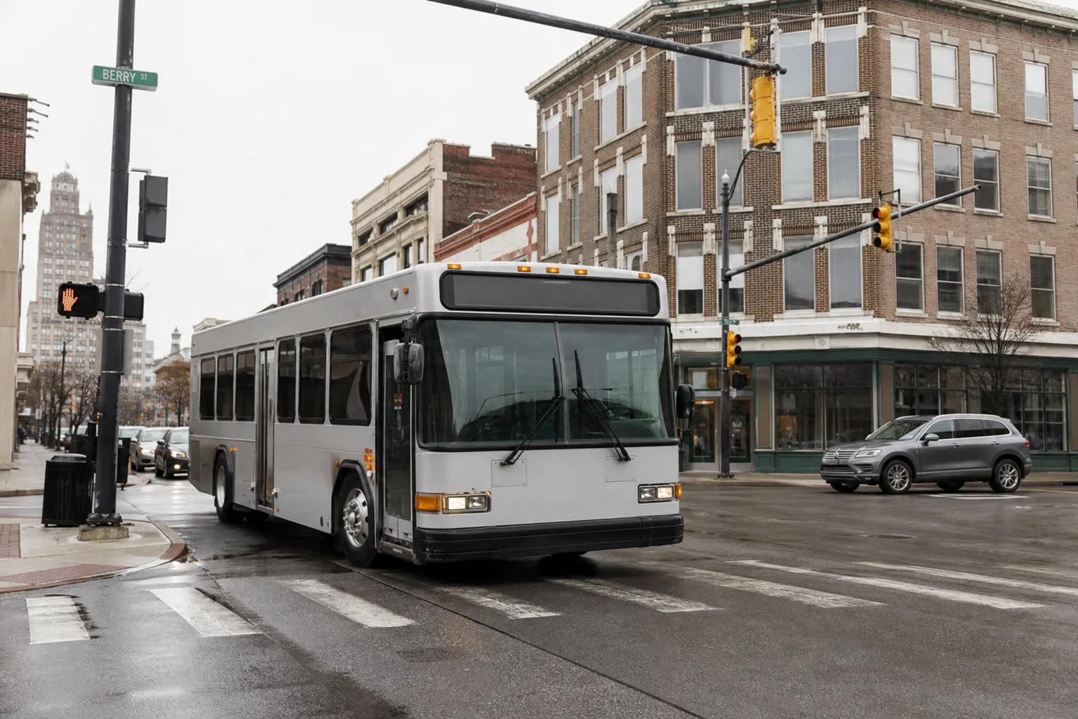 A public transit bus stopped at a downtown Fort Wayne intersection