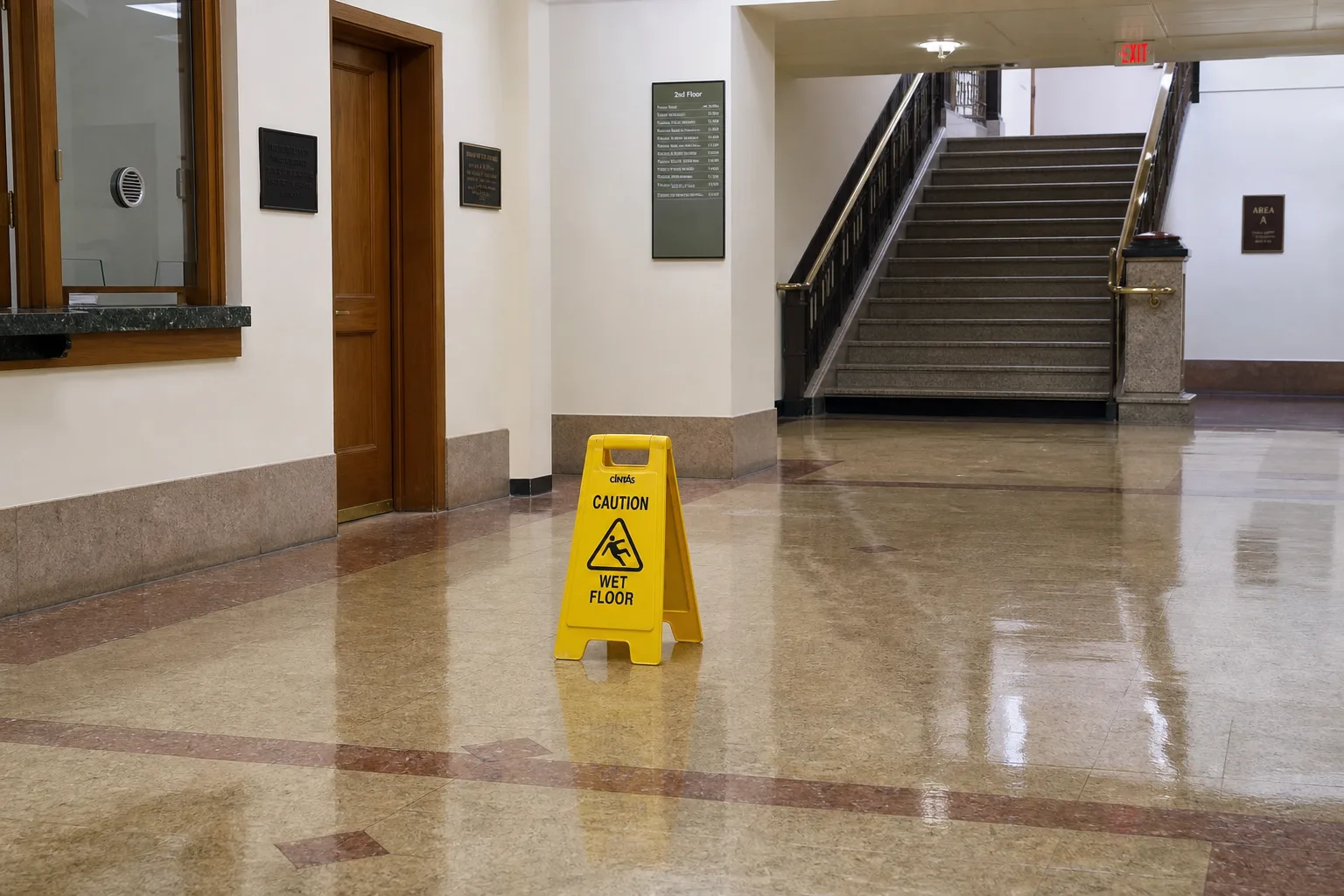 A yellow wet-floor caution sign on tile inside an Indiana public building lobby