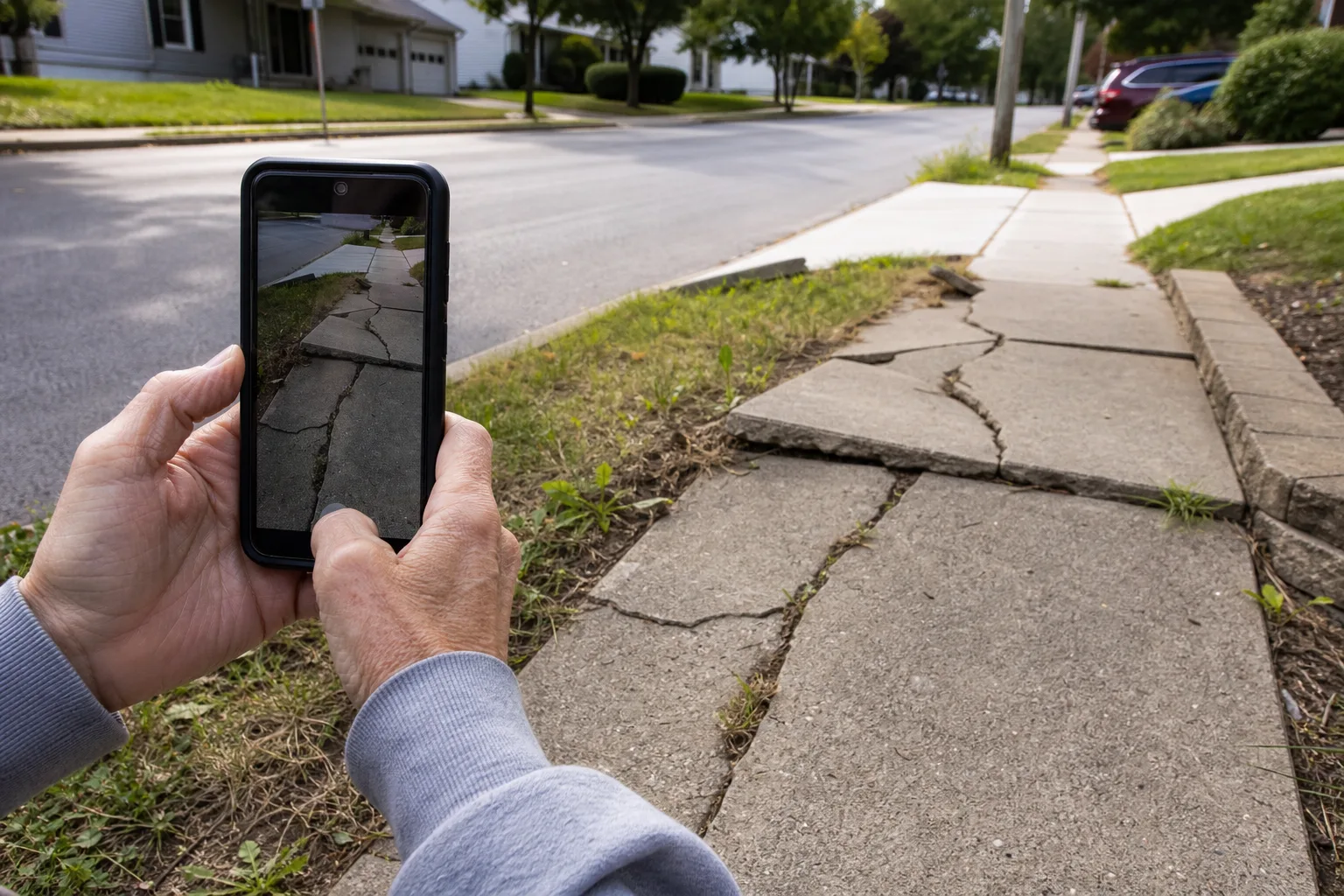 A person photographing a cracked, raised sidewalk hazard with a smartphone to document evidence
