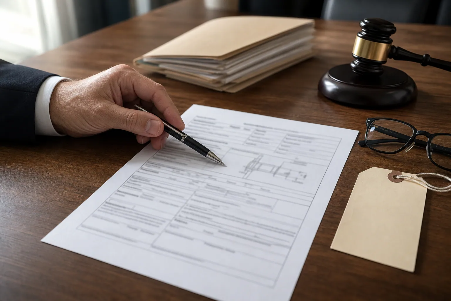 Indiana crash report beside a court evidence file and reading glasses