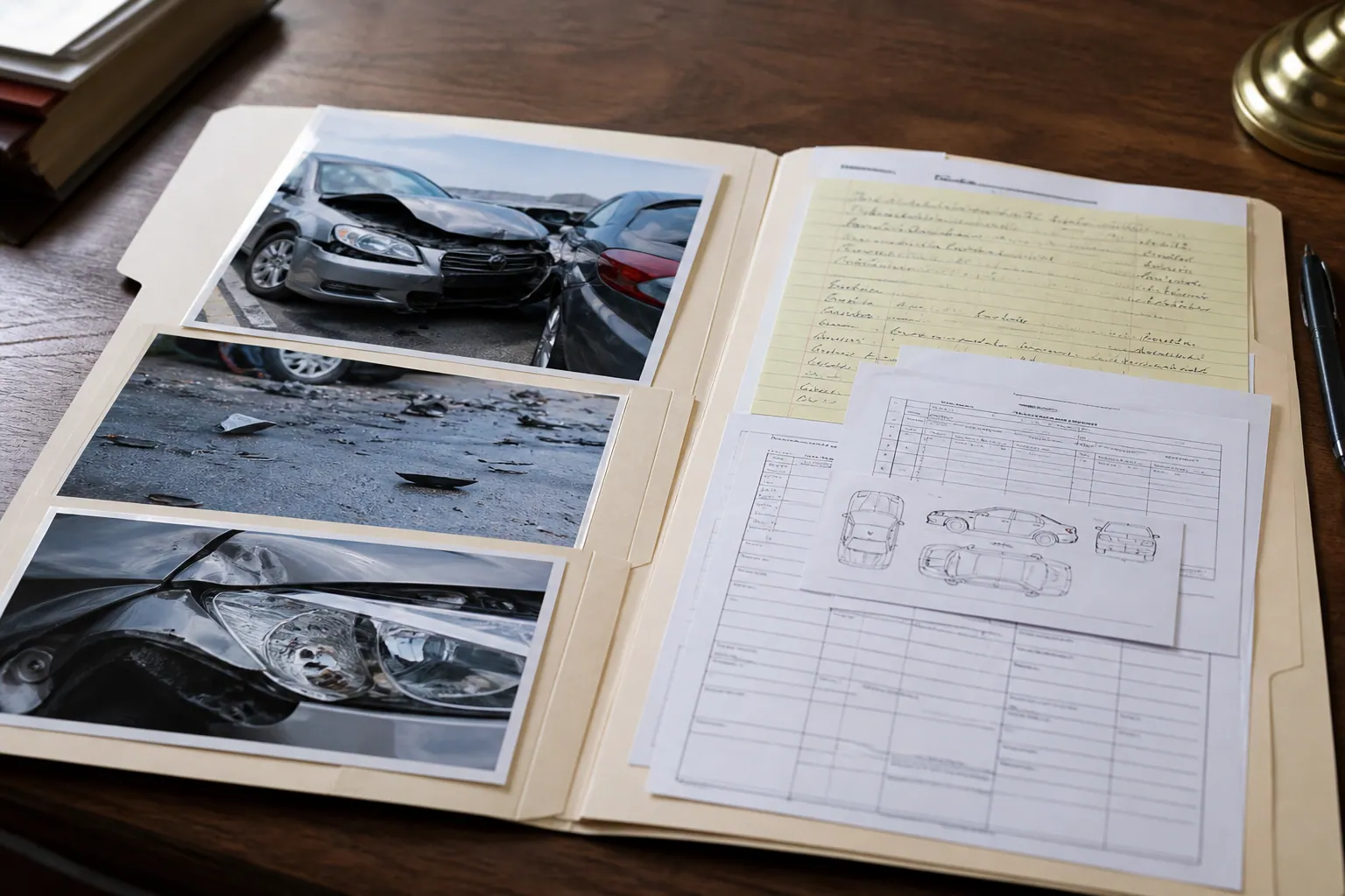 Organized crash evidence folder containing photographs, witness notes, and vehicle records