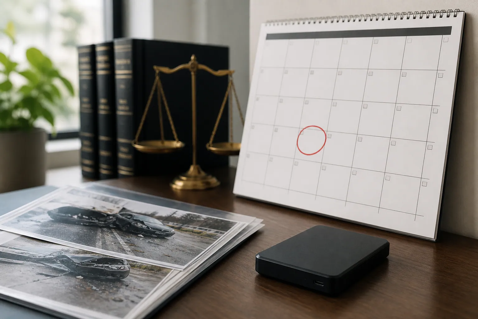 Calendar beside preserved crash photographs and digital evidence storage