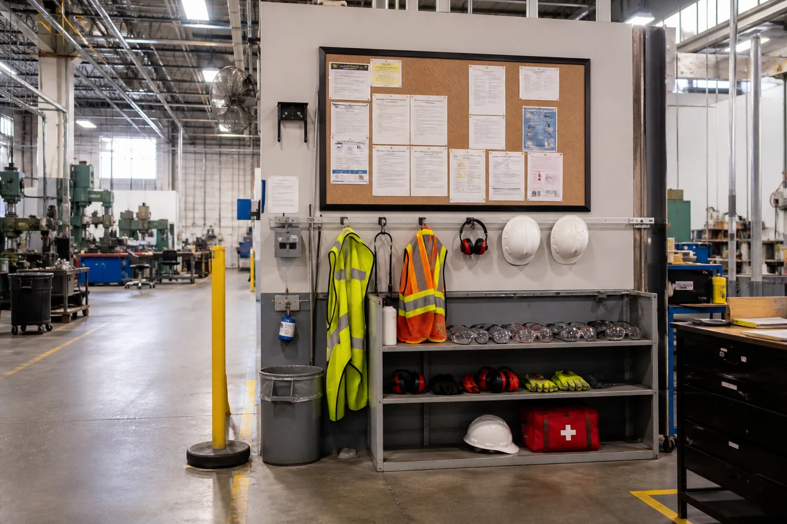Workplace safety notice board and protective equipment in an Indiana manufacturing facility