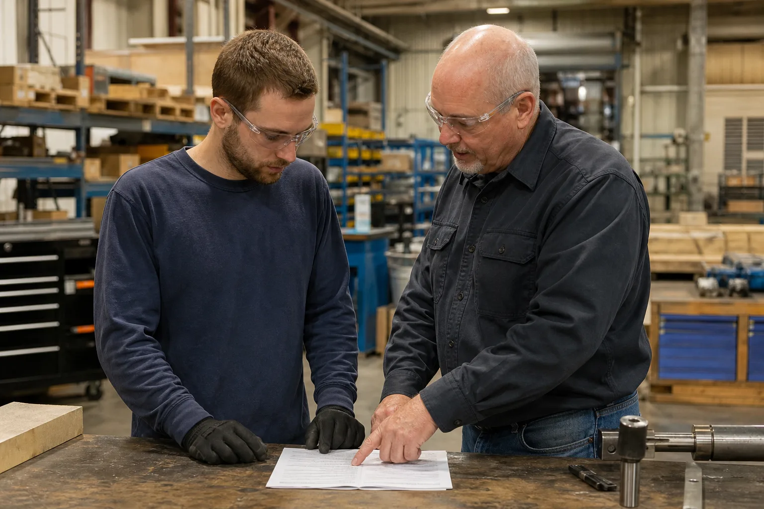Indiana warehouse worker and supervisor reviewing an equipment safety procedure