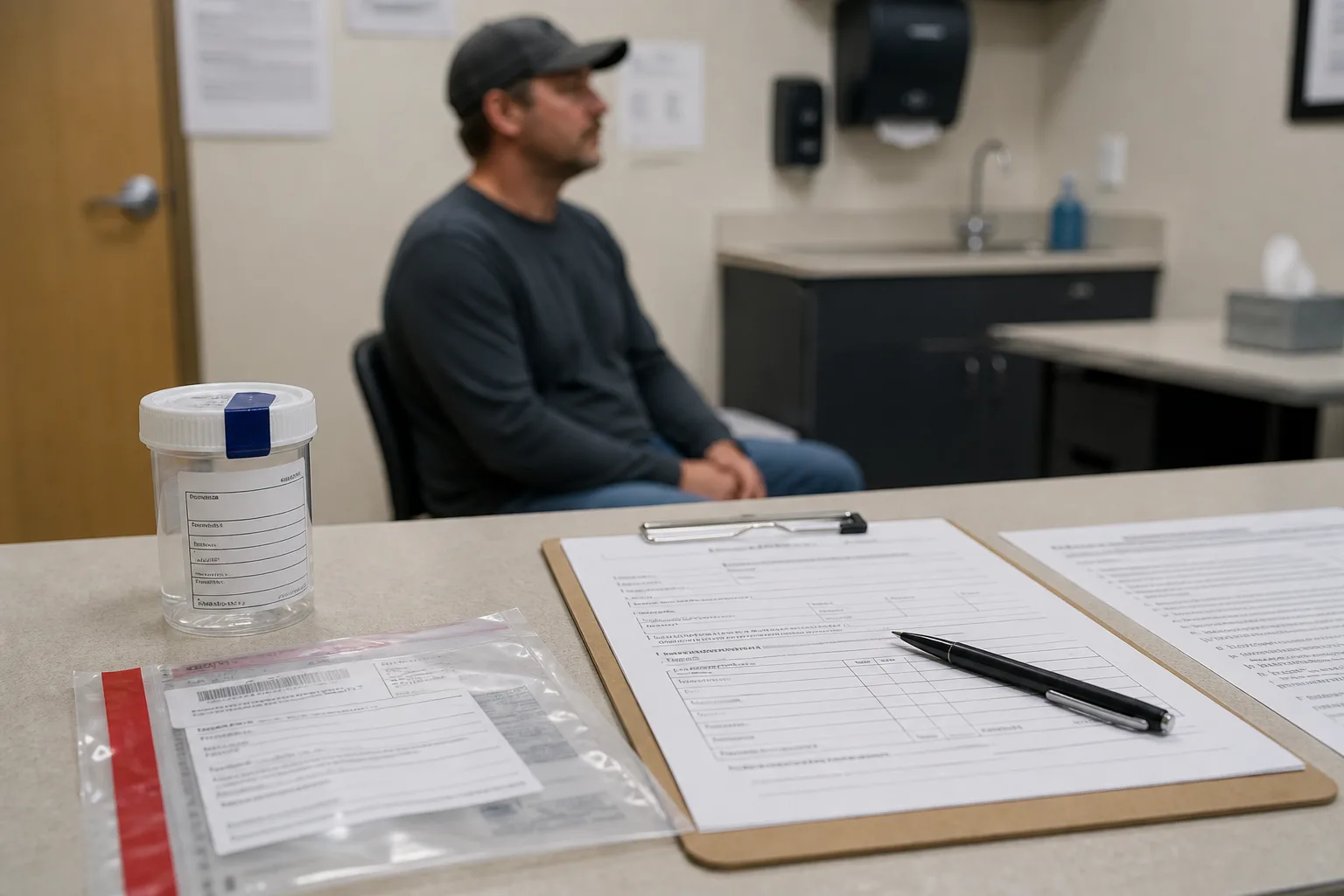 Sealed testing materials and paperwork in an Indiana occupational testing room