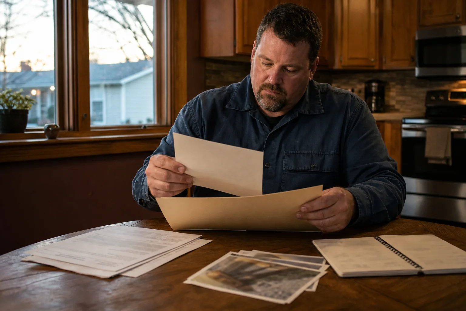 Fort Wayne worker organizing claim and workplace records at home