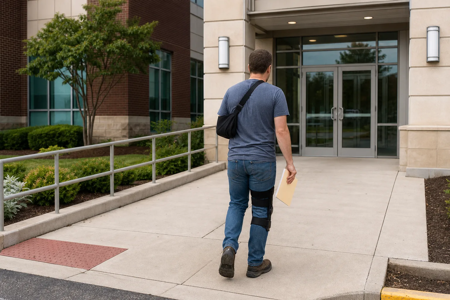 Indiana worker carrying claim documents toward a state administrative office