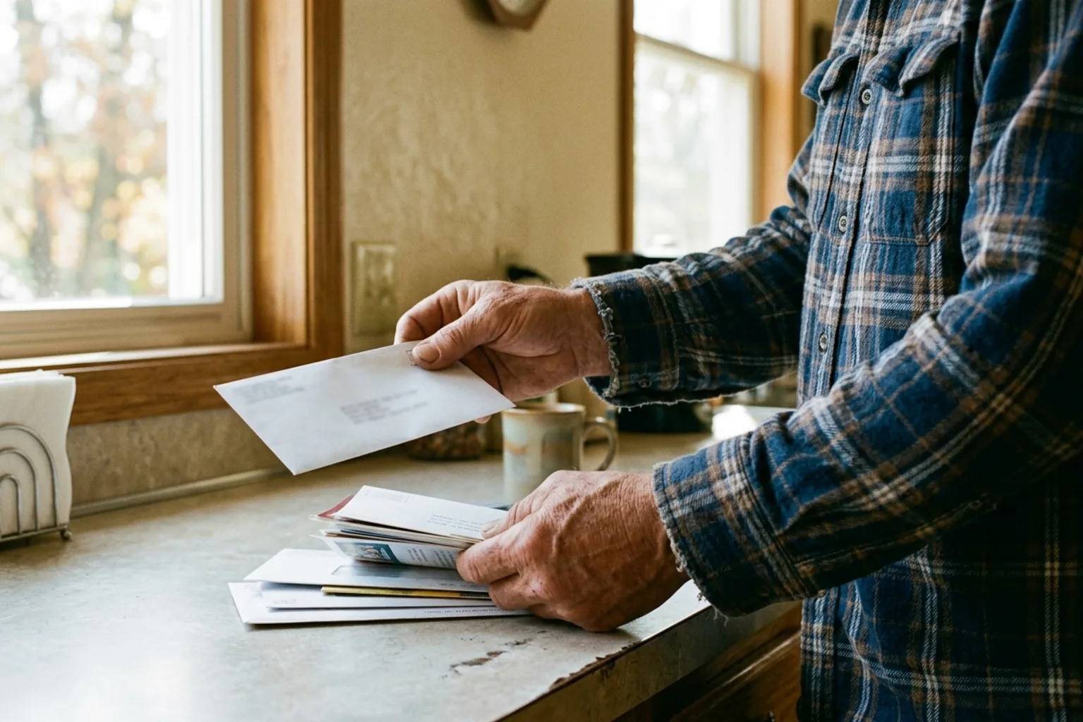 Injured worker's hands sorting household mail, where a workers' comp check and creditor letters arrive in Indiana