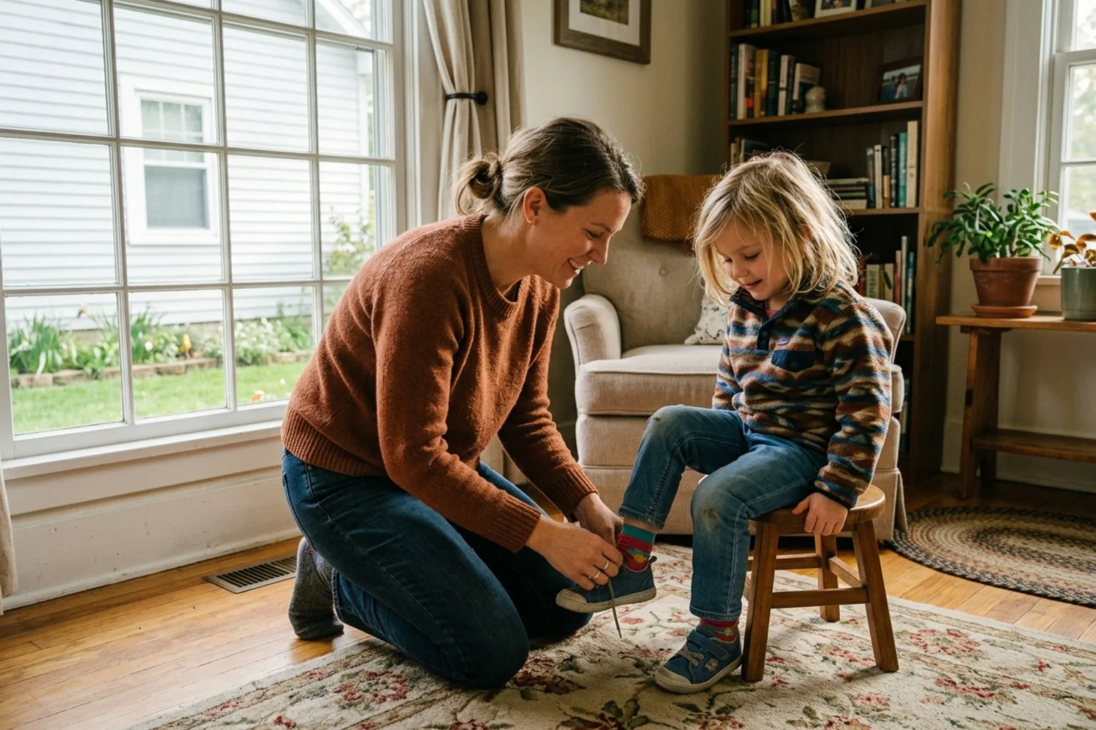 Parent helping a child with a shoe in a bright Indiana living room, reflecting the child support priority in workers' comp withholding