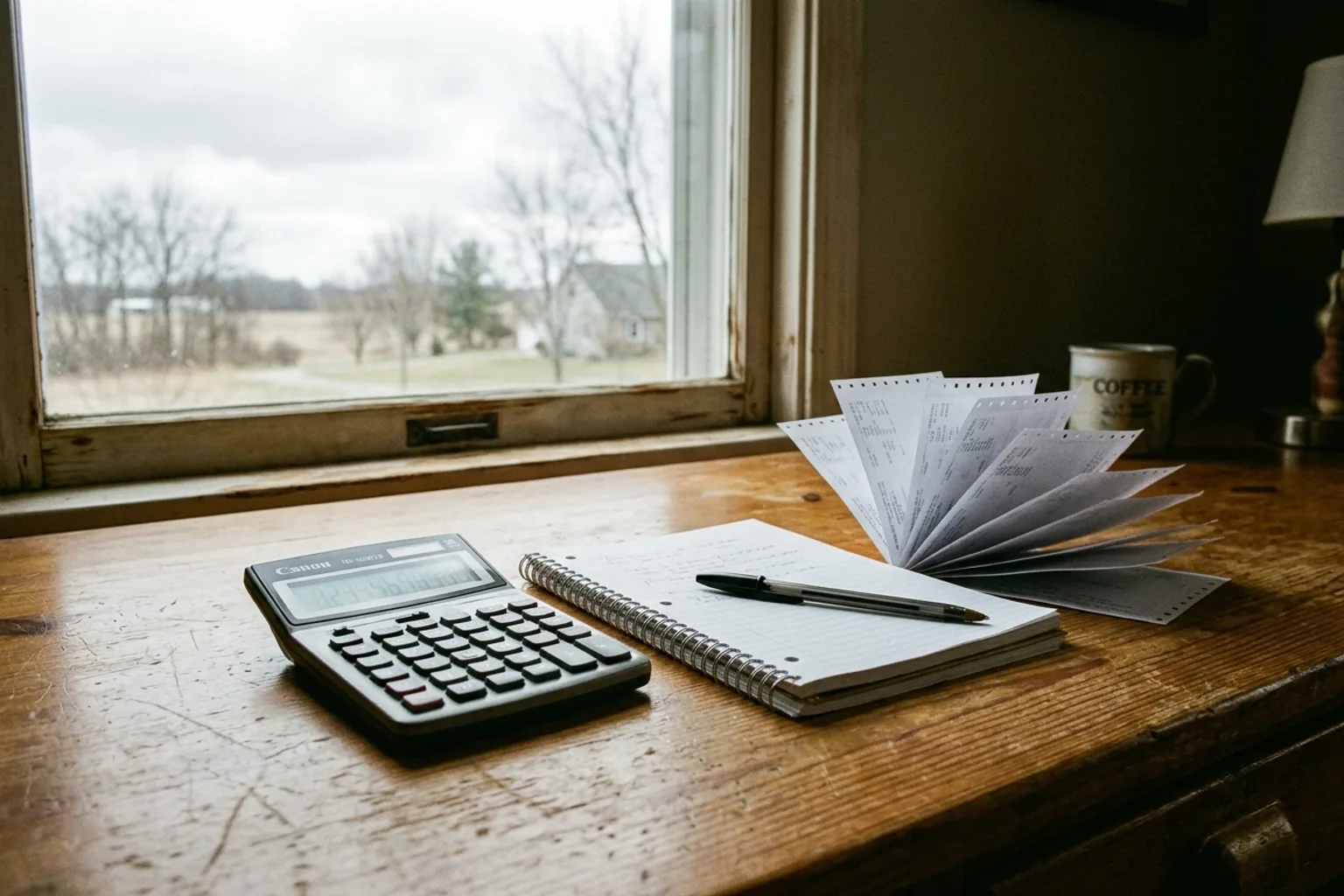 Calculator, notebook, and pay stubs on a desk, representing the math behind Indiana child support withholding limits on workers' comp