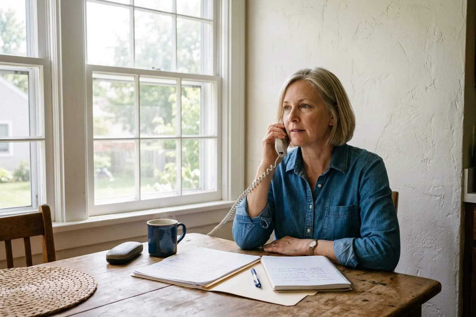 Indiana worker on the phone with a folder of paperwork, checking a workers' comp income withholding order