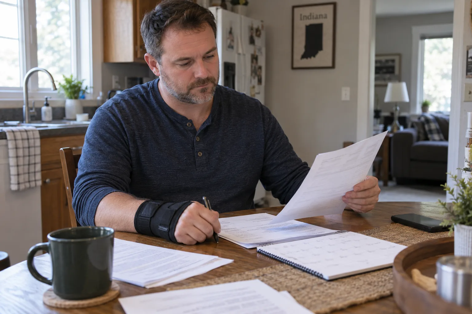 An Indiana worker reviewing a physical therapy order and appointment calendar at home