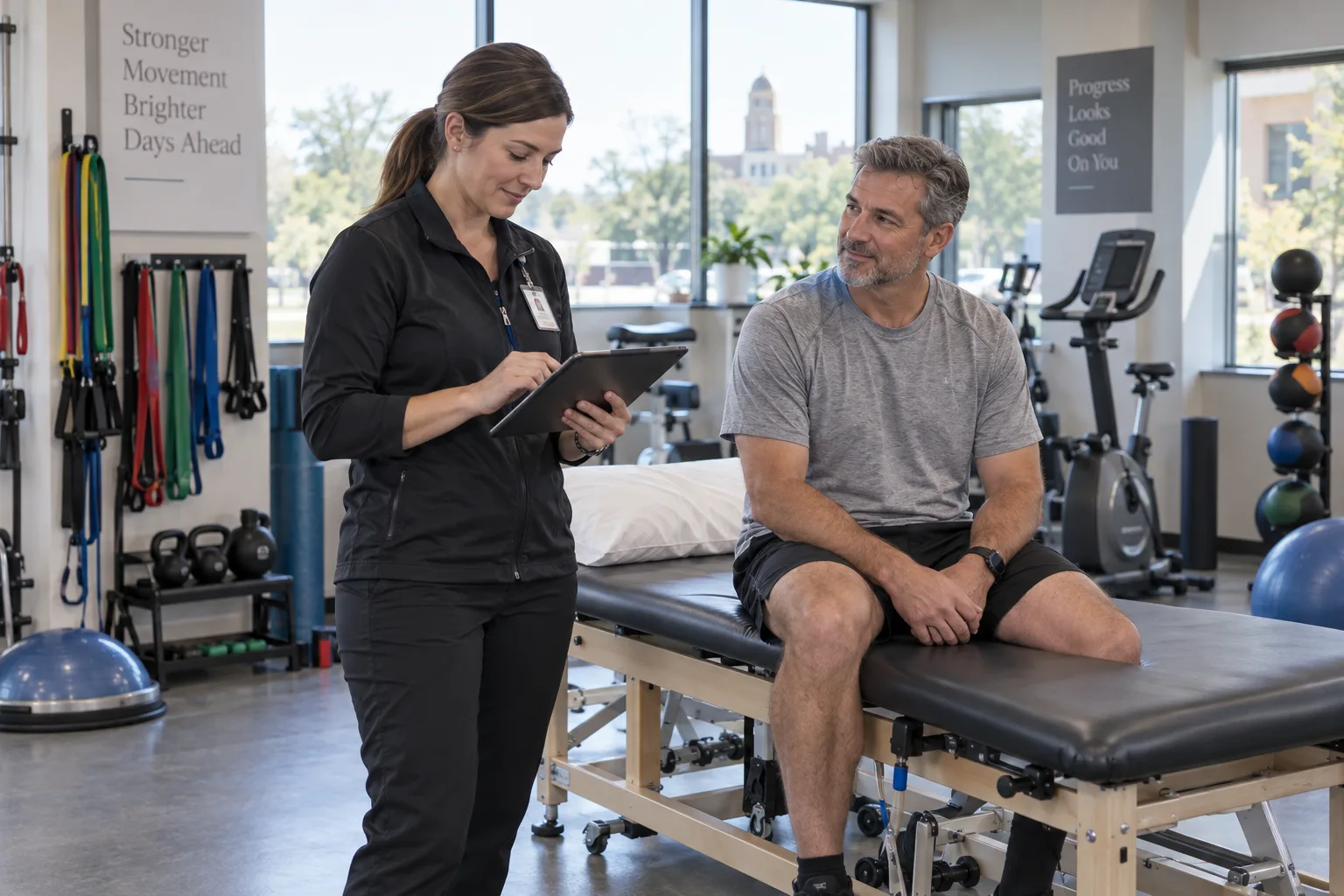 A physical therapist reviewing a treatment plan with an injured worker in a rehabilitation clinic