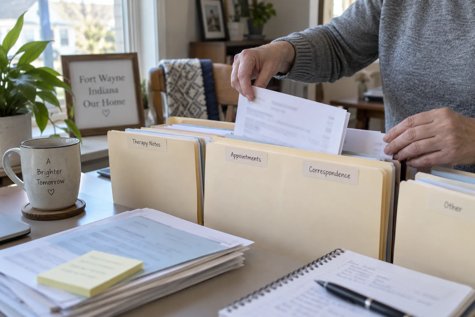 Physical therapy records and claim correspondence being organized into folders