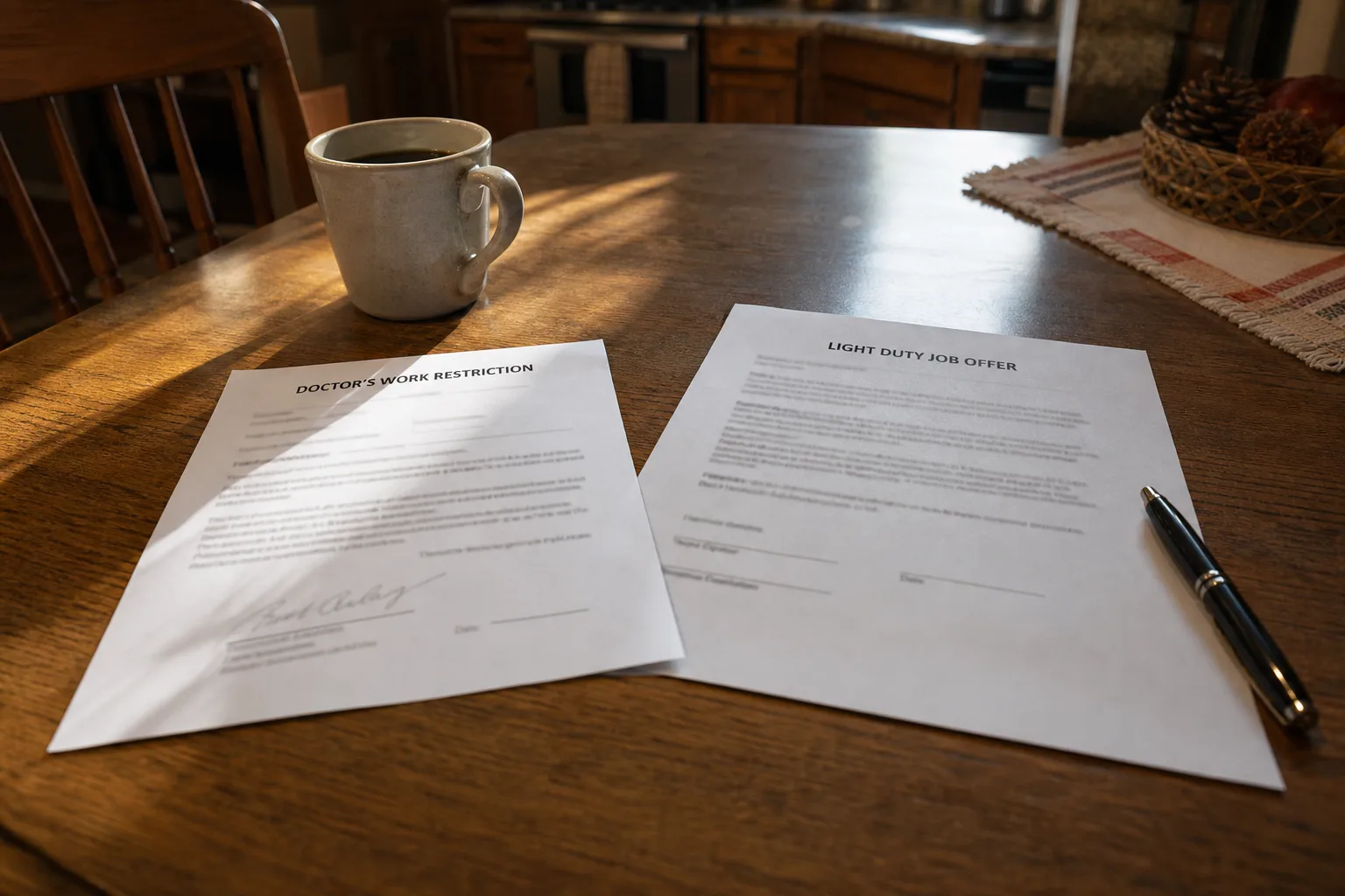 Doctor's work-restriction note and a light-duty offer letter on a kitchen table
