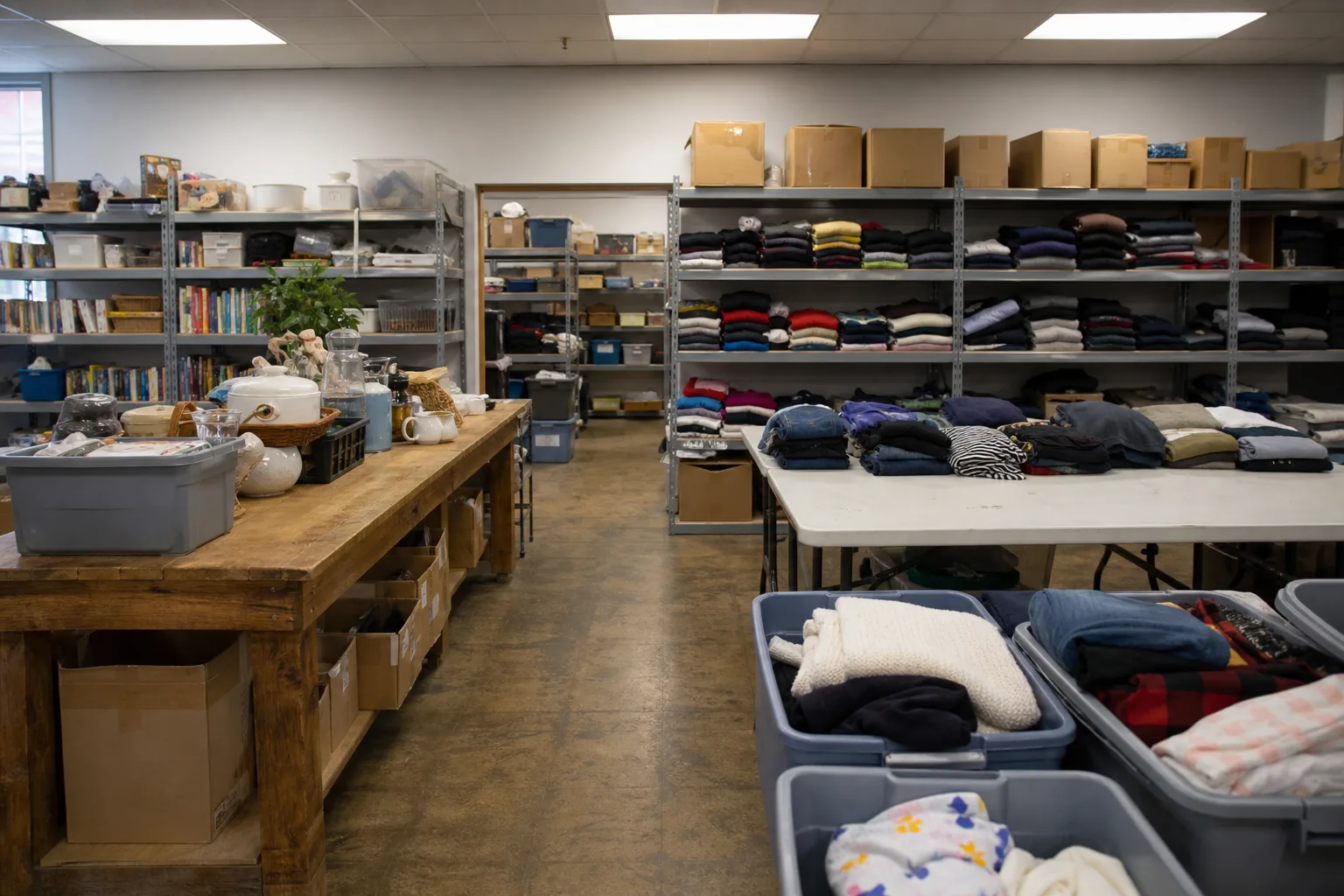 Sorting area inside a nonprofit thrift and donation center with boxes and shelving
