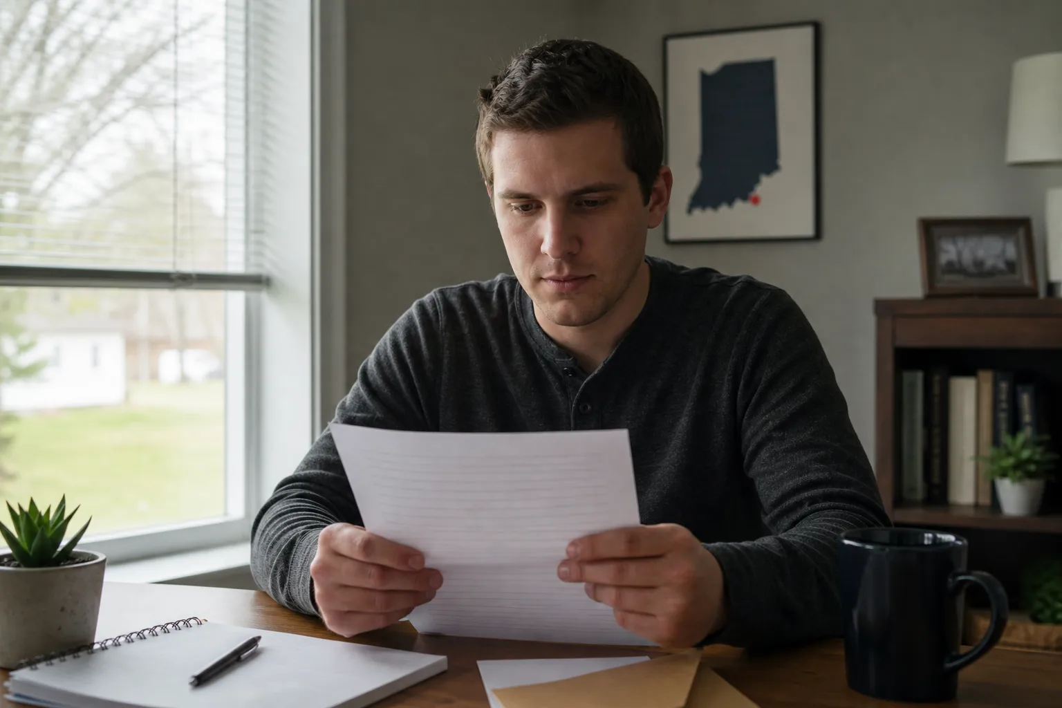 Injured worker reading a printed light-duty assignment letter at a desk