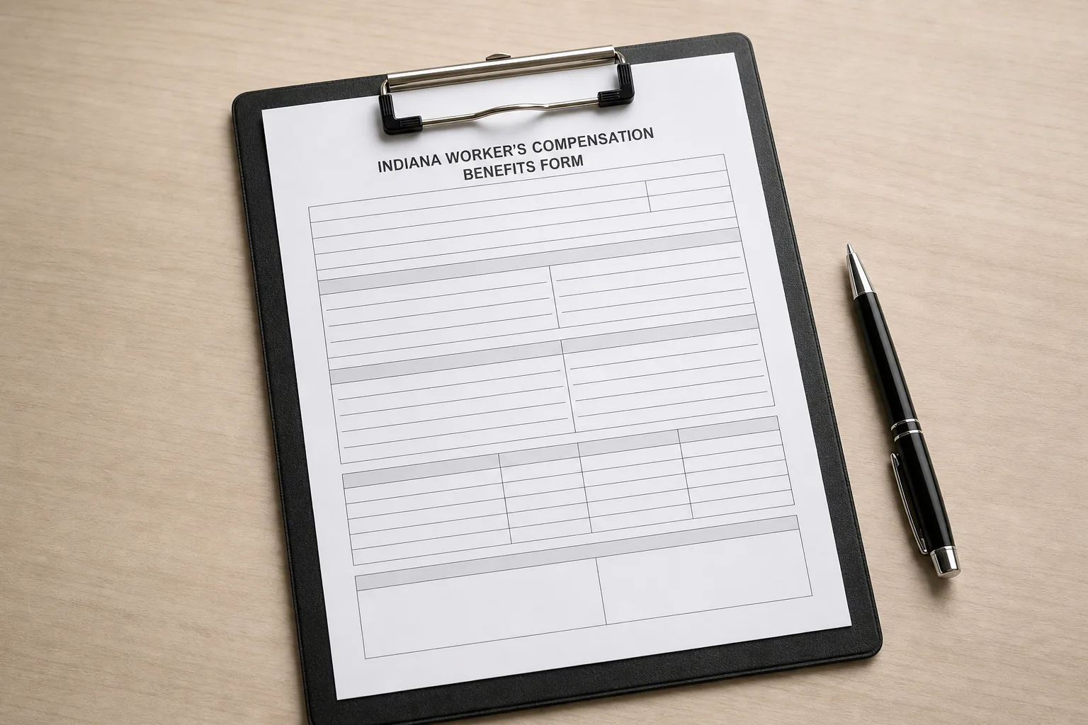 Blank workers' compensation benefits form on a clipboard with a pen