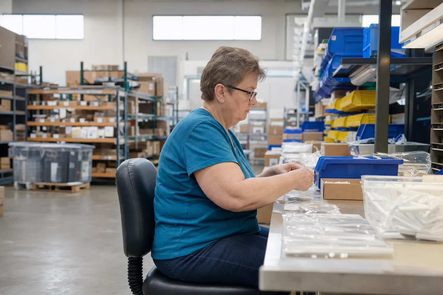Warehouse worker seated on a stool doing a light seated task within work restrictions