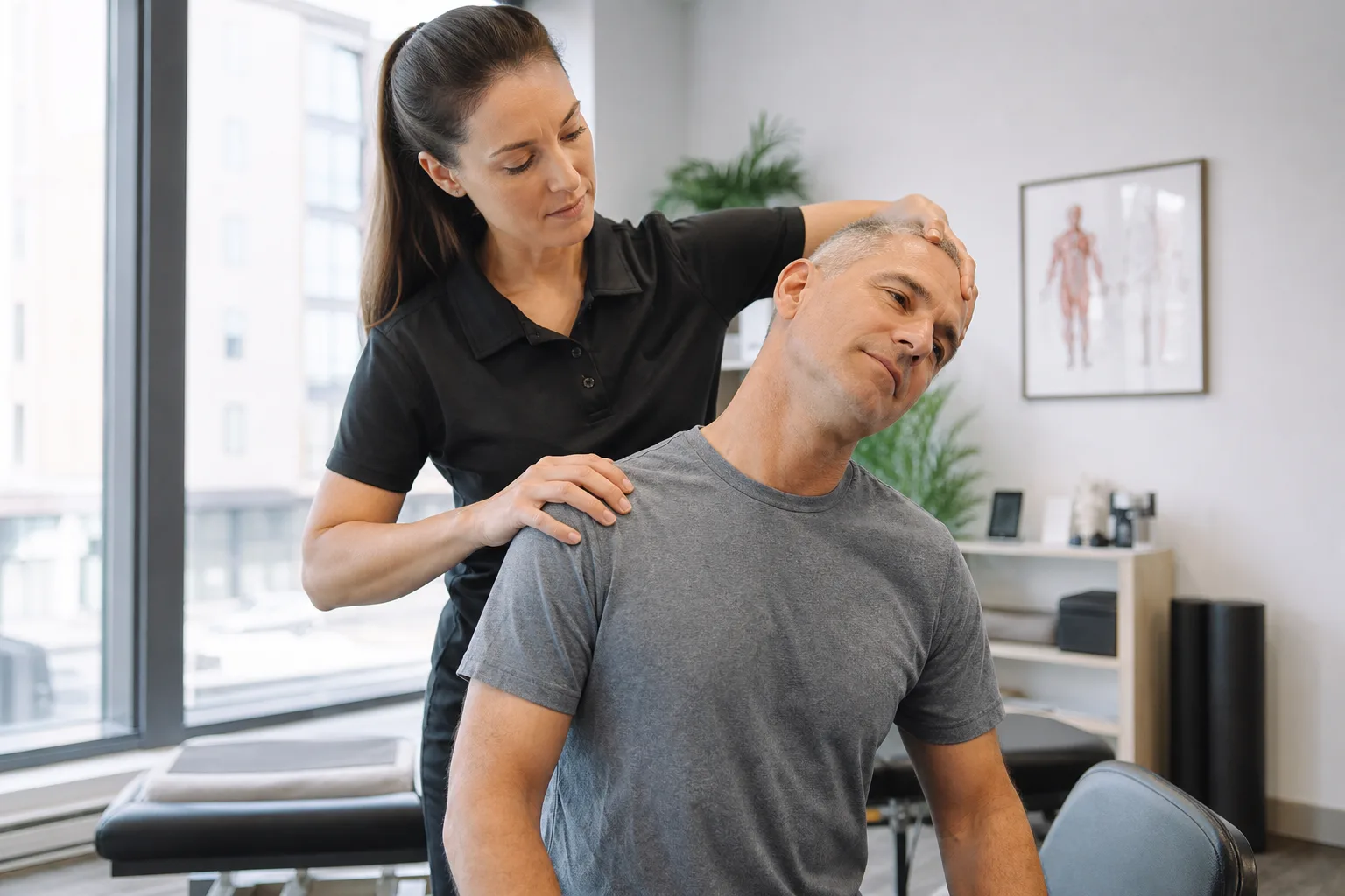 Medical provider examining a patient's neck after a car accident