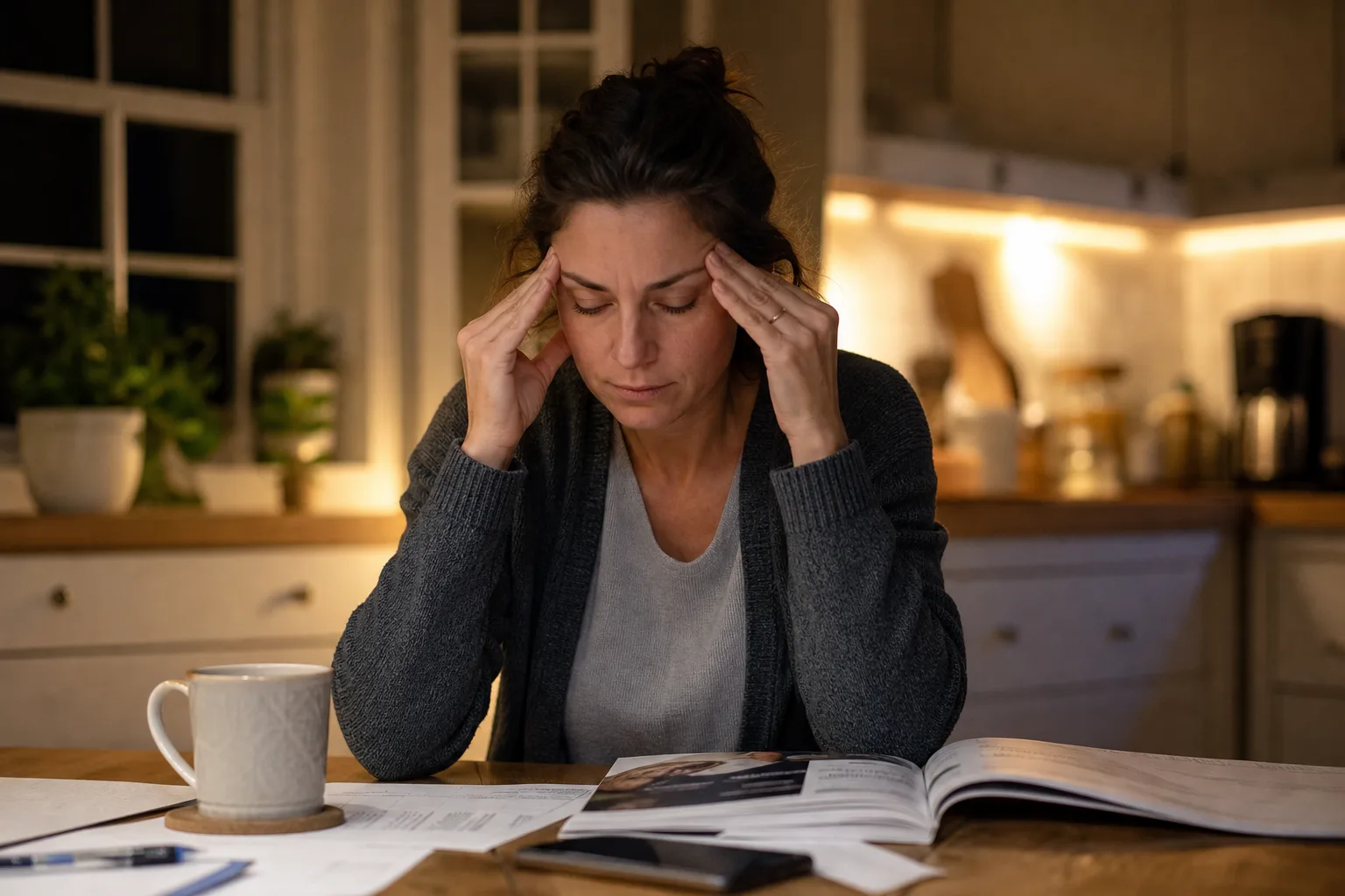 Person experiencing a delayed headache at home days after a minor crash