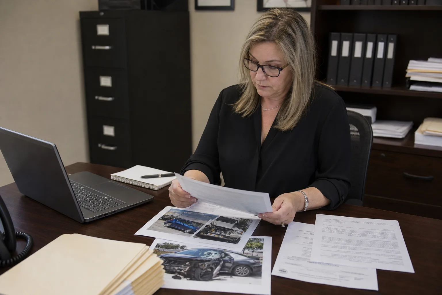 Insurance adjuster reviewing minor crash photos and paperwork at a desk