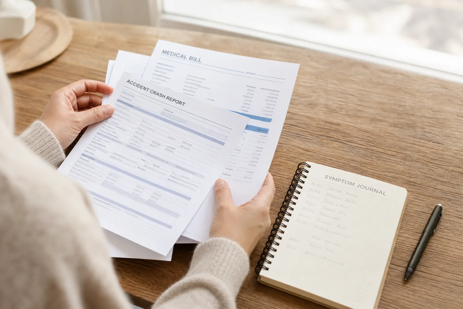 Organized medical records, crash report, and symptom journal for an Indiana injury claim