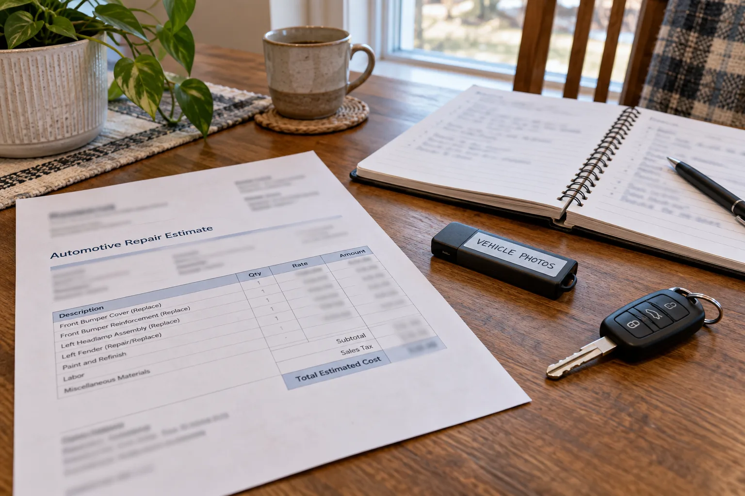 Repair estimate and crash evidence records organized on a table